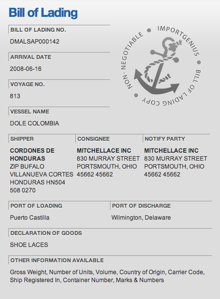 Bill of Lading for the Dole Columbia, which delivered a shipment of laces from Zip Bufalo, Villanueva Cortes, Honduras, to Mitchellace, Portsmouth, Ohio, (16 June 2008).