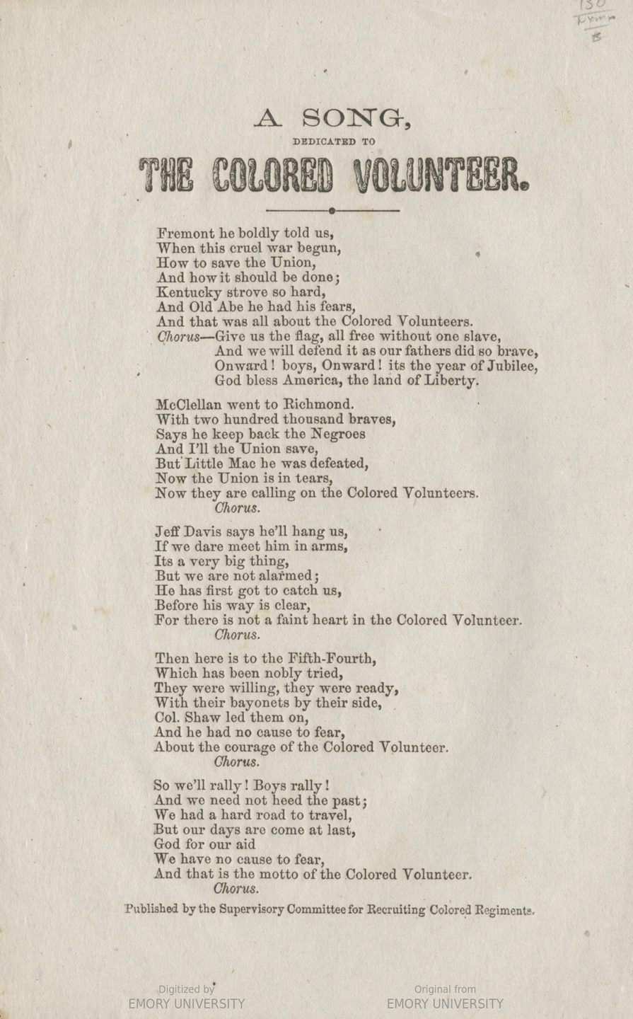 Song Sheet with Lyrics to "The Colored Volunteer"